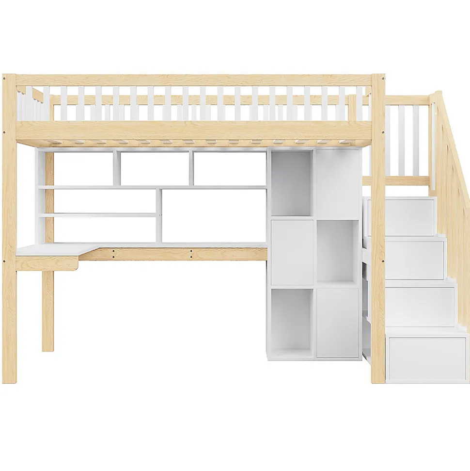 Lit mezzanine avec éclairage LED et bureau,90x200cm,blanc et naturel,échelle et étagères de rangement