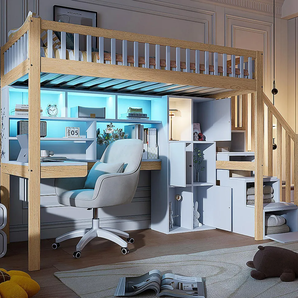 Lit mezzanine avec éclairage LED et bureau,90x200cm,blanc et naturel,échelle et étagères de rangement