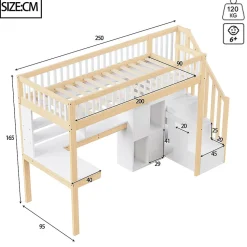 Lit mezzanine avec éclairage LED et bureau,90x200cm,blanc et naturel,échelle et étagères de rangement