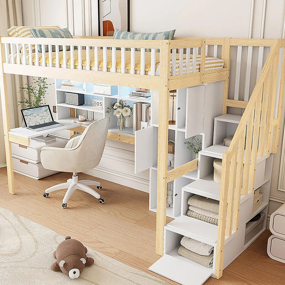 Lit mezzanine avec éclairage LED et bureau,90x200cm,blanc et naturel,échelle et étagères de rangement