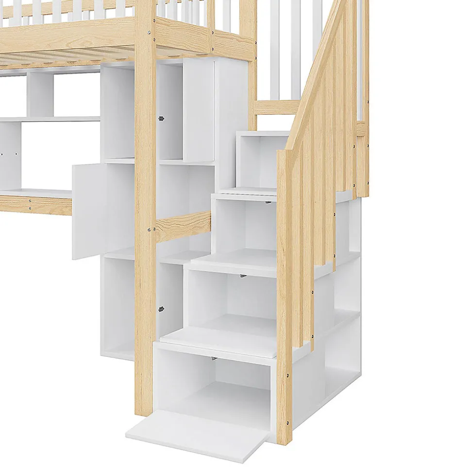 Lit mezzanine avec éclairage LED et bureau,90x200cm,blanc et naturel,échelle et étagères de rangement