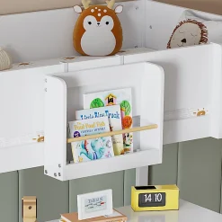 Lit mezzanine avec toboggan, échelle droite à 3 marches, étagère amovible, MDF et pin, blanc naturel, 90x200cm