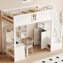 Lit mezzanine bois massif 90 par 200 cm porte securite fenetre escalier interchangeable gauche droite blanc