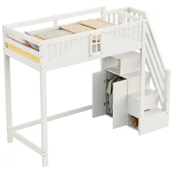 Lit mezzanine bois massif 90 par 200 cm porte securite fenetre escalier interchangeable gauche droite blanc