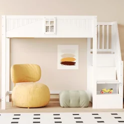 Lit mezzanine bois massif 90 par 200 cm porte securite fenetre escalier interchangeable gauche droite blanc