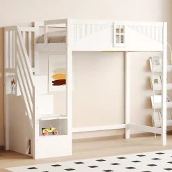 Lit mezzanine bois massif 90 par 200 cm porte securite fenetre escalier interchangeable gauche droite blanc