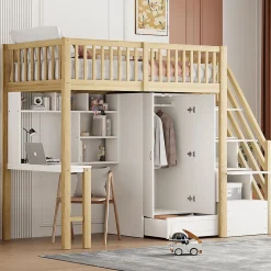 Lit Mezzanine Bois 90x200 cm avec Armoire, Bureau et Escalier de Rangement, Lit Multifonction Blanc - Bois Naturel