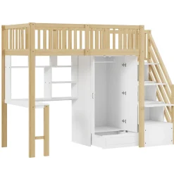 Lit Mezzanine Bois 90x200 cm avec Armoire, Bureau et Escalier de Rangement, Lit Multifonction Blanc - Bois Naturel