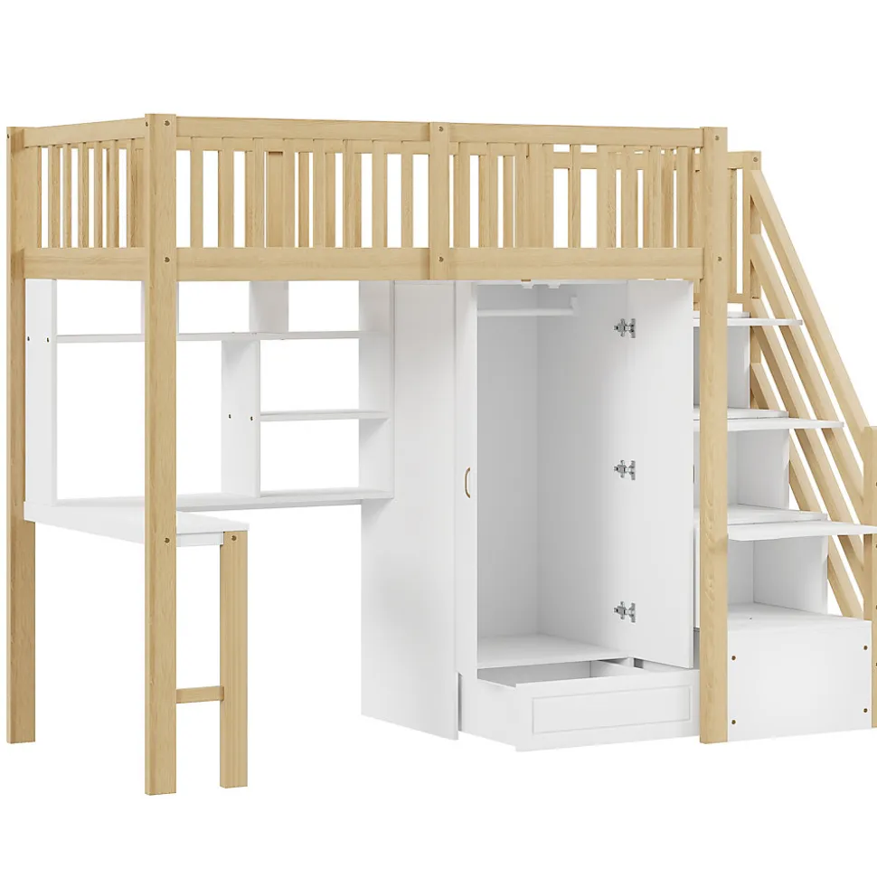 Lit Mezzanine Bois 90x200 cm avec Armoire, Bureau et Escalier de Rangement, Lit Multifonction Blanc - Bois Naturel