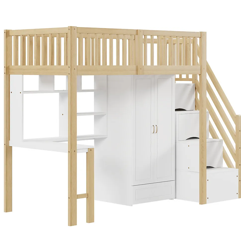 Lit Mezzanine Bois 90x200 cm avec Armoire, Bureau et Escalier de Rangement, Lit Multifonction Blanc - Bois Naturel