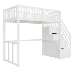 Lit Mezzanine Bois 90x200 cm enfant avec Escalier Sécurisé et Rangement Intégré - Blanc