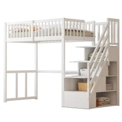 Lit Mezzanine Bois 90x200 cm enfant avec Escalier Sécurisé et Rangement Intégré - Blanc