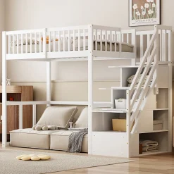 Lit Mezzanine Bois 90x200 cm enfant avec Escalier Sécurisé et Rangement Intégré - Blanc