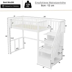 Lit Mezzanine Bois 90x200 cm enfant avec Escalier Sécurisé et Rangement Intégré - Blanc