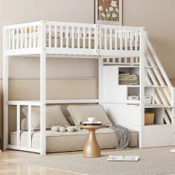Lit Mezzanine Bois 90x200 cm enfant avec Escalier Sécurisé et Rangement Intégré - Blanc