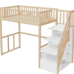 Lit Mezzanine Bois 90x200 cm enfant avec Escalier Sécurisé et Rangement - Bois Naturel