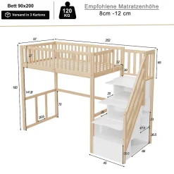 Lit Mezzanine Bois 90x200 cm enfant avec Escalier Sécurisé et Rangement - Bois Naturel