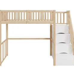 Lit Mezzanine Bois 90x200 cm enfant avec Escalier Sécurisé et Rangement - Bois Naturel