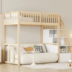 Lit Mezzanine Bois 90x200 cm enfant avec Escalier Sécurisé et Rangement - Bois Naturel