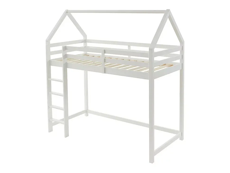 Lit mezzanine cabane 90 x 190 cm - Pin massif - Blanc - TARZIA