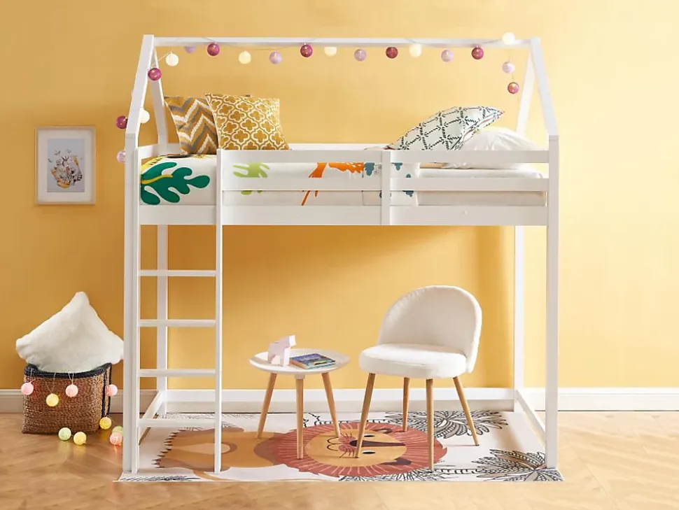 Lit mezzanine cabane 90 x 190 cm - Pin massif - Blanc - TARZIA