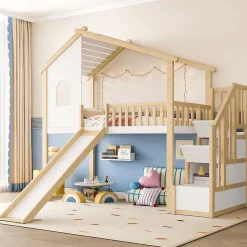 Lit mezzanine cabane 90x200 cm - Lit avec rangement sous l'escalier et toboggan - Pin naturel - Sans matelas - Blanc et Naturel