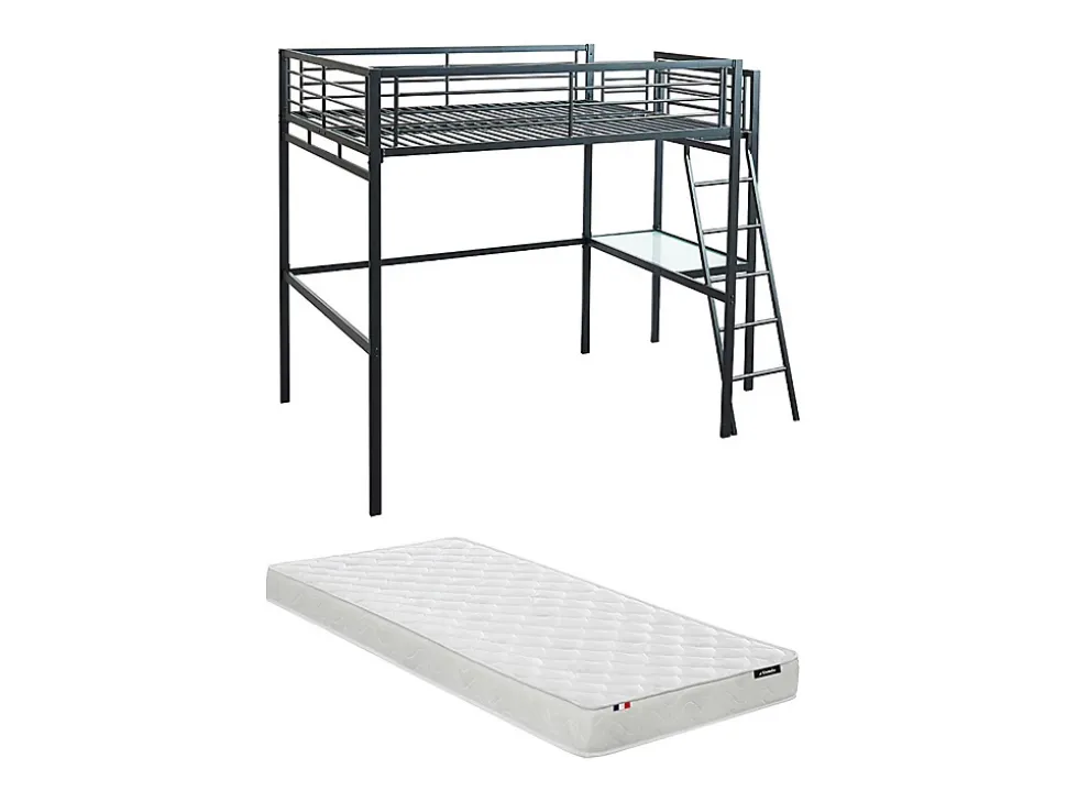 Lit mezzanine CASUAL II - 140 x 190 cm - plateforme bureau - Anthracite + matelas