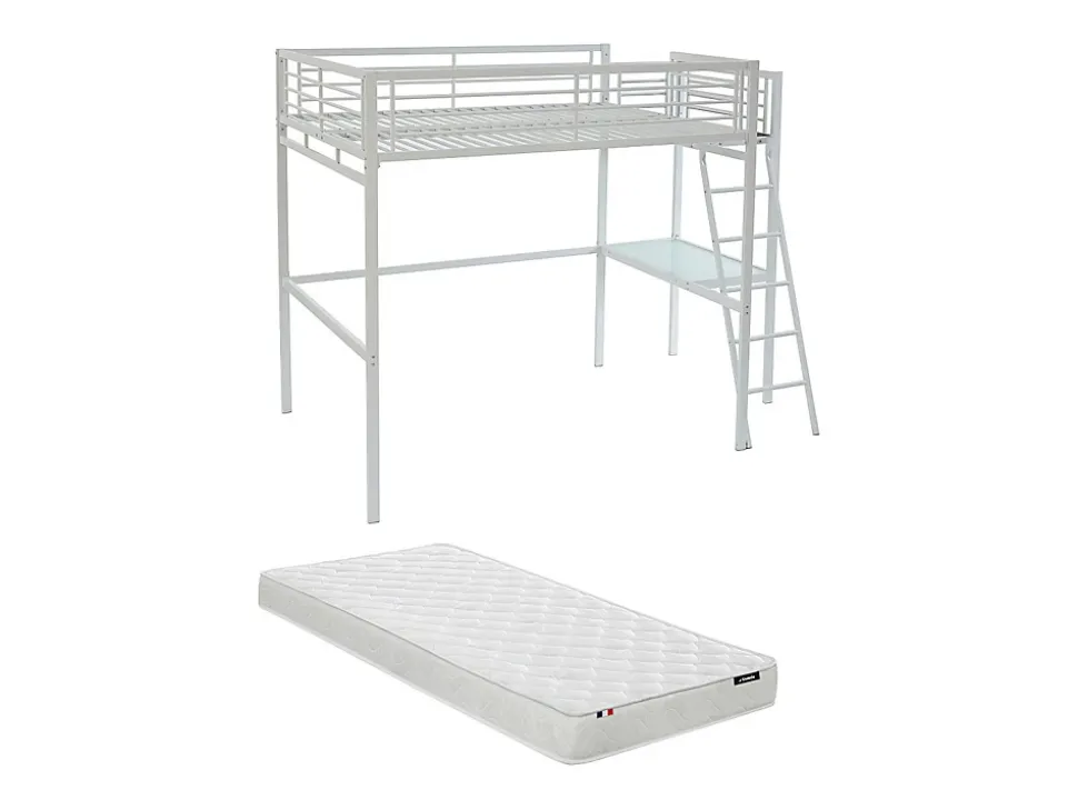 Lit mezzanine CASUAL II - 140 x 190 cm - plateforme bureau - Blanc + matelas