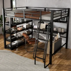 Lit mezzanine double 140x200 cm en métal avec rangements multiples, étagères, échelle à 4 marches et prise intégrée - noir