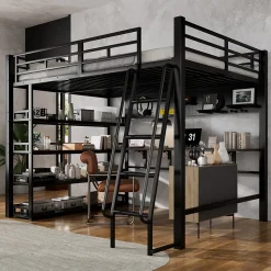 Lit mezzanine double 140x200 cm en métal avec rangements multiples, étagères, échelle à 4 marches et prise intégrée - noir