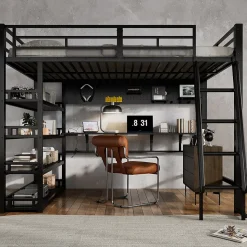 Lit mezzanine double 140x200 cm en métal avec rangements multiples, étagères, échelle à 4 marches et prise intégrée - noir