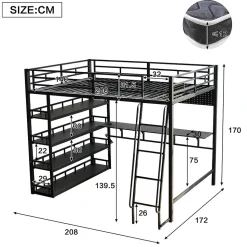 Lit mezzanine double 140x200 cm en métal avec rangements multiples, étagères, échelle à 4 marches et prise intégrée - noir