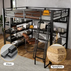 Lit mezzanine double 140x200 cm en métal avec rangements multiples, étagères, échelle à 4 marches et prise intégrée - noir