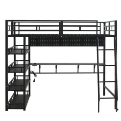 Lit mezzanine double 140x200 cm en métal avec rangements multiples, étagères, échelle à 4 marches et prise intégrée - noir