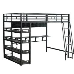 Lit mezzanine double 140x200 cm en métal avec rangements multiples, étagères, échelle à 4 marches et prise intégrée - noir