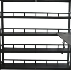 Lit mezzanine double 140x200 cm en métal avec rangements multiples, étagères, échelle à 4 marches et prise intégrée - noir