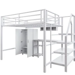 Lit Mezzanine Double 140x200 cm - Avec Bureau et Armoire Intégrés, Escalier avec Rangements - Sans Matelas - Blanc