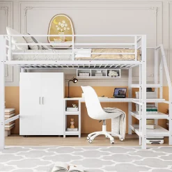 Lit Mezzanine Double 140x200 cm - Avec Bureau et Armoire Intégrés, Escalier avec Rangements - Sans Matelas - Blanc