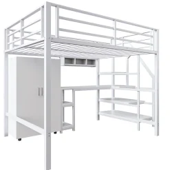 Lit Mezzanine Double 140x200 cm - Avec Bureau et Armoire Intégrés, Escalier avec Rangements - Sans Matelas - Blanc