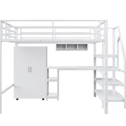 Lit Mezzanine Double 140x200 cm - Avec Bureau et Armoire Intégrés, Escalier avec Rangements - Sans Matelas - Blanc
