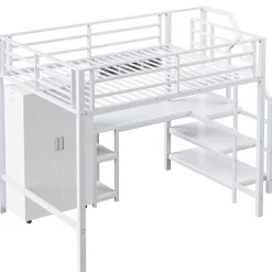 Lit Mezzanine Double 140x200 cm - Avec Bureau et Armoire Intégrés, Escalier avec Rangements - Sans Matelas - Blanc