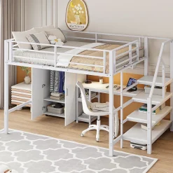 Lit Mezzanine Double 140x200 cm - Avec Bureau et Armoire Intégrés, Escalier avec Rangements - Sans Matelas - Blanc