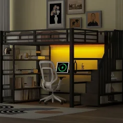 Lit Mezzanine Double 140x200 cm - Éclairage LED et Escaliers Sécurisés, Bureau Intégré et Rangements, sans Matelas - Métal Noir