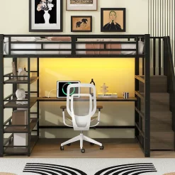 Lit Mezzanine Double 140x200 cm - Éclairage LED et Escaliers Sécurisés, Bureau Intégré et Rangements, sans Matelas - Métal Noir