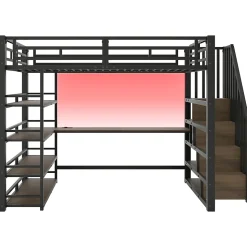 Lit Mezzanine Double 140x200 cm - Éclairage LED et Escaliers Sécurisés, Bureau Intégré et Rangements, sans Matelas - Métal Noir
