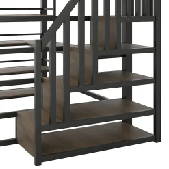 Lit Mezzanine Double 140x200 cm - Éclairage LED et Escaliers Sécurisés, Bureau Intégré et Rangements, sans Matelas - Métal Noir