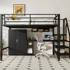 Lit Mezzanine Double 140x200 cm - Avec Bureau et Armoire, Escalier avec Rangements Intégrés - Sans Matelas - Noir
