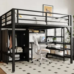 Lit Mezzanine Double 140x200 cm - Avec Bureau et Armoire, Escalier avec Rangements Intégrés - Sans Matelas - Noir
