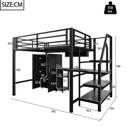 Lit Mezzanine Double 140x200 cm - Avec Bureau et Armoire, Escalier avec Rangements Intégrés - Sans Matelas - Noir