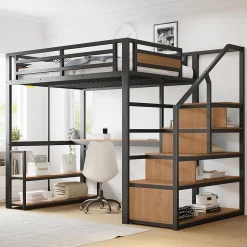 Lit mezzanine double 140x200 cm en métal avec bureau et étagères intégrés - gain de place pour chambre ado - noir